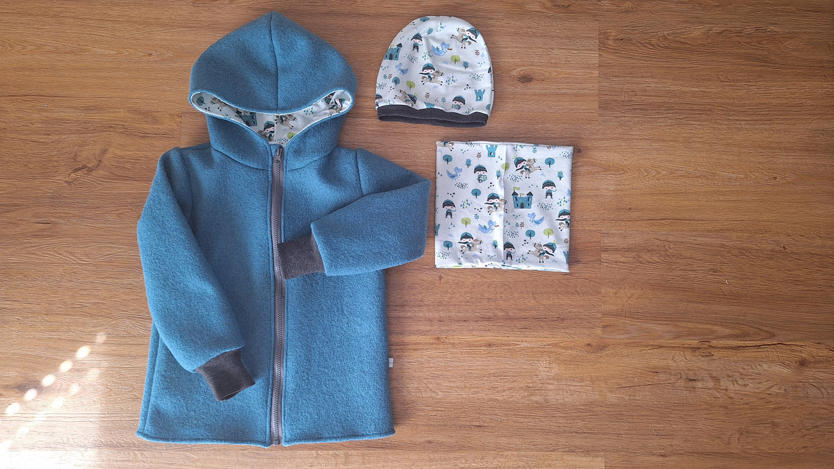 Wollwalk Jacke für Babys & Kinder mit Mütze & Loop – 3-teiliges Set